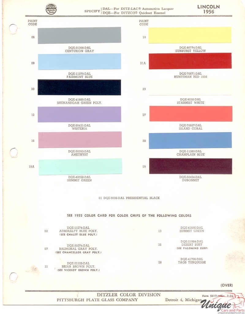 1956 Lincoln Paint Charts PPG